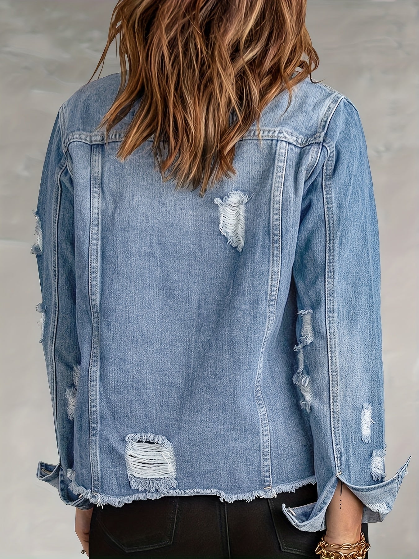 Women's Ripped Washed Button-Up Boyfriend Denim Jacket Coat with Pockets, Casual Classic Distressed Denim Outerwear TZ001