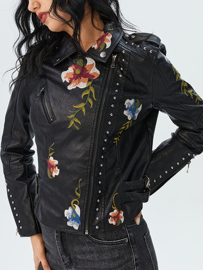 Women's Floral Faux Moto PU Jacket Coat