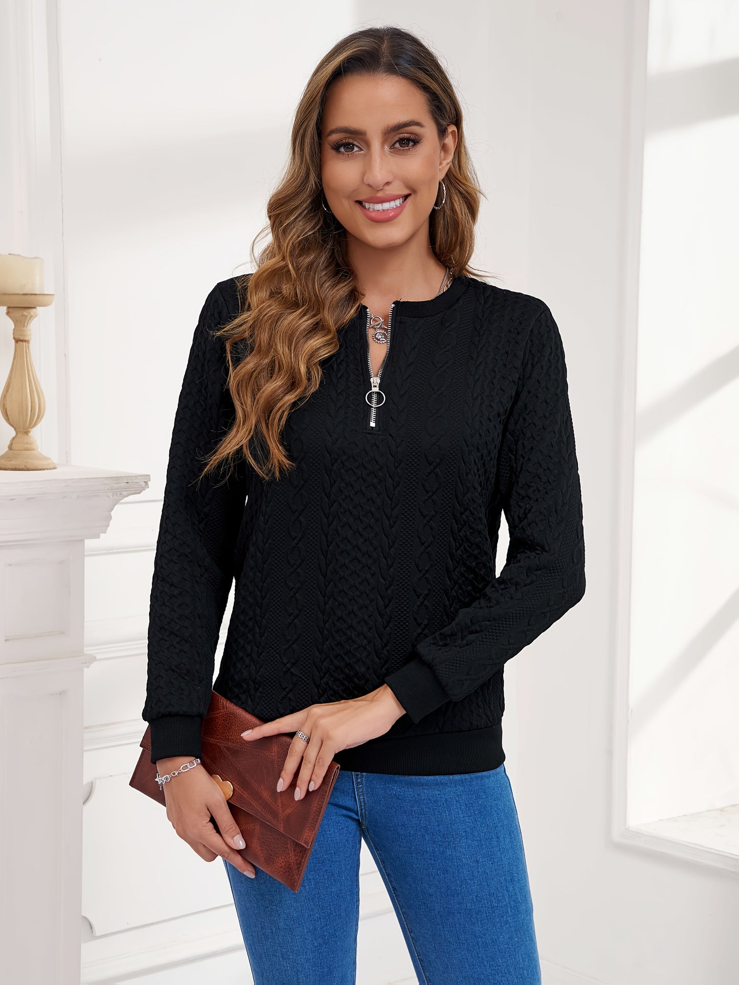 European And American Women's Fashionable Embossed Pullover Hoodie, Zipper Autumn And Winter Casual Long Sleeved Textured Top, Solid Color Long Sleeved Sportswear, Women's Clothing