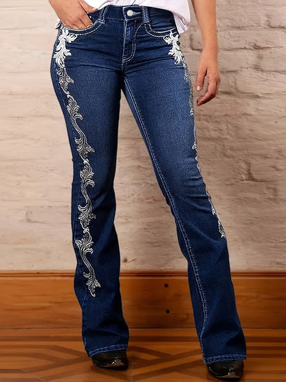 Dark Blue Denim Boot Cut Jeans for Women Featuring Printed Side Designs