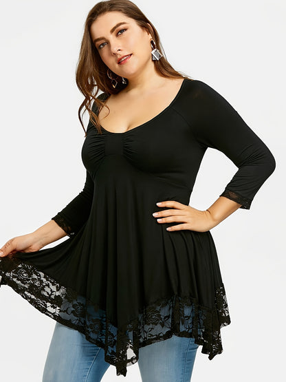 Plus Size - Plus Size - Floral Jacquard Lace Top in Plus Size - Stylish Contrast Edging, Round Neckline, Long Sleeves - Elegant Solid Tops for Curvy Women for Easy Fashion