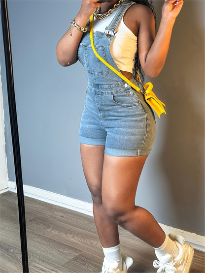 Women Solid Color Slim-fit Jeans Casual Button Trim Denim Romper Pockets Sleeveless Denim Romper
