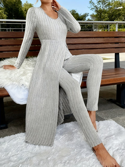 Women'S Heavyweight Fleece Two-Piece Set - Oversized Long Sleeve Lounge Outfit with Wide-Leg Pants, Cozy Winter Warmth, Soft Ribbed Texture & Minimalist Design for Home, Office, Casual Outings - Fall Winter Clothing (No Transparency
