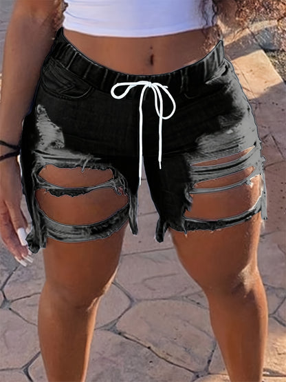 Ladies' Fashionable Ripped Denim Shorts, Mid Waist Straight Leg Pants, Waist Drawstring Design, Frayed Edges with Pockets, Summer Casual Wear