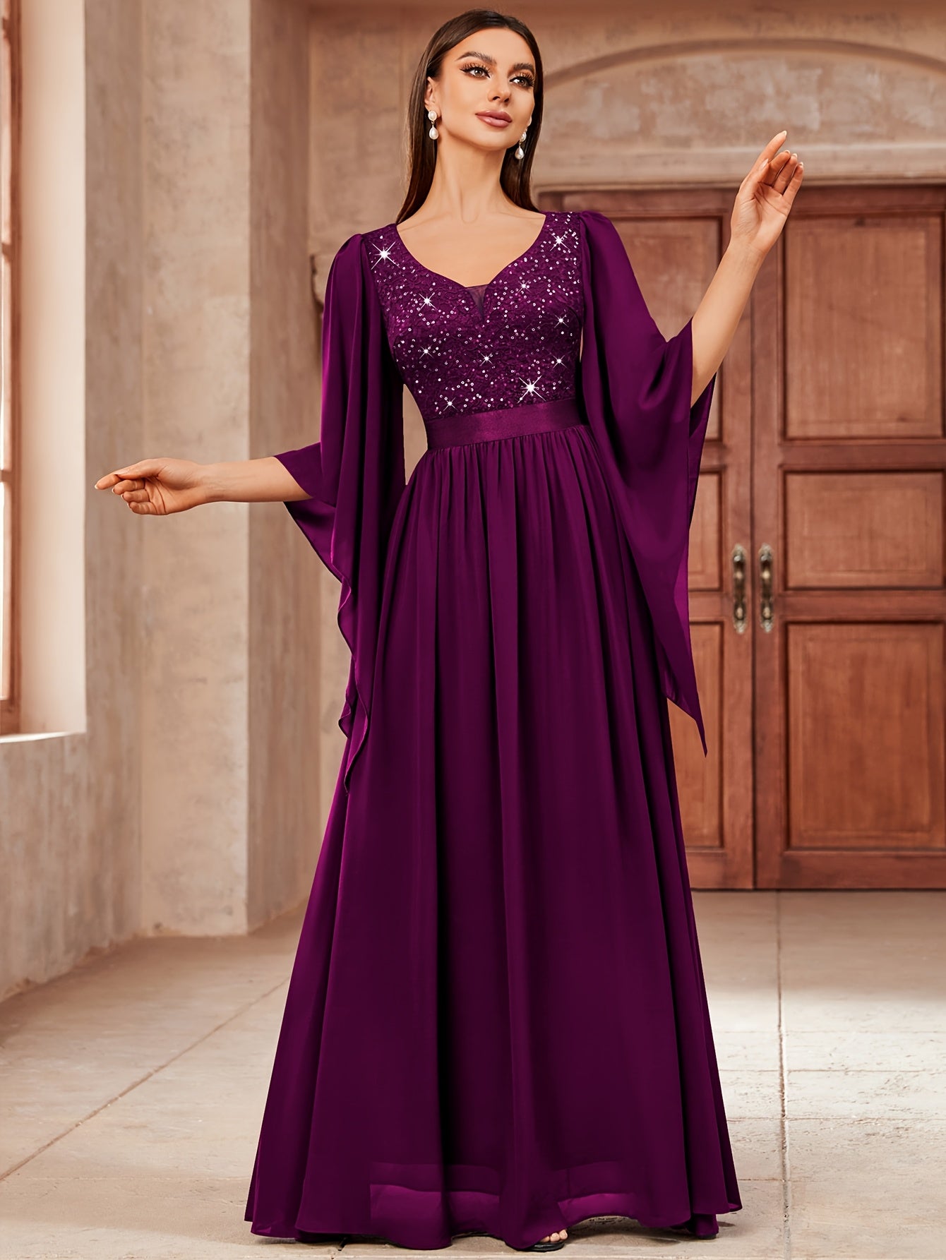 53303 Elegant Women's Lace & Sequin Bridesmaid Dress - A-Line Maxi Wedding Gown with 3/4 Bell Sleeves, V-Neck Color-Block (Bodice &), Machine Washable Bridesmaids Gown for Weddings, Parties, Prom