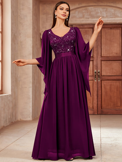 53303 Elegant Women's Lace & Sequin Bridesmaid Dress - A-Line Maxi Wedding Gown with 3/4 Bell Sleeves, V-Neck Color-Block (Bodice &), Machine Washable Bridesmaids Gown for Weddings, Parties, Prom