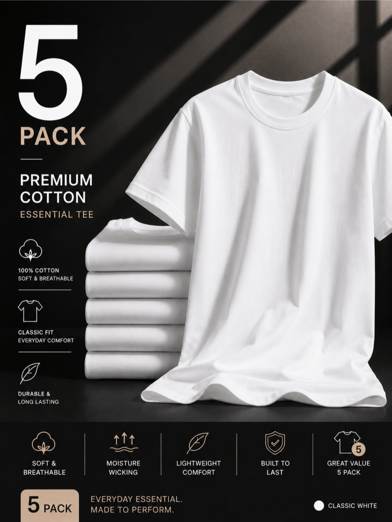 5 Pack Mens Cotton Crew Neck Regular T-Shirts Bulk Short Sleeve Lightweight Tees White Colors