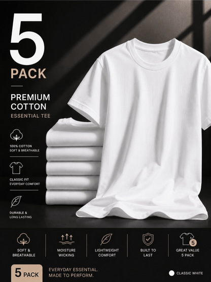 5 Pack Mens Cotton Crew Neck Regular T-Shirts Bulk Short Sleeve Lightweight Tees White Colors
