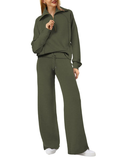 Spring/Autumn Casual Swear Set for Women, Zipper Long-Sleeve Sweatshirt and Wide-Leg Pants 2pcs Set