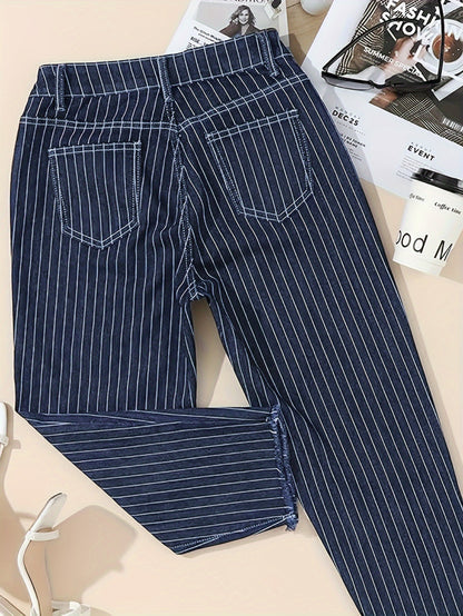 Striped Print Raw Hem Retro Casual Style Capri Denim Pants, Women's Denim Jeans & Clothing