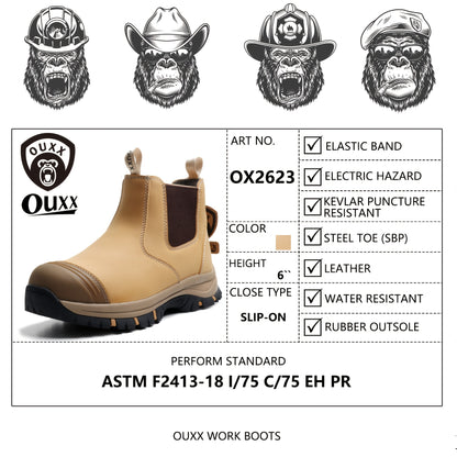 Work Boots for Men, Steel Toe Rubber Genuine Leather Slip-on Safety Shoes, Slip-Resistant, High Quality, Puncture-Proof(OX2623)