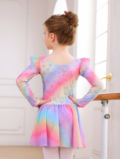 Easter Girl Clothes, Girls' Clothing, Girls' Dance Dress, Autumn And Winter Long-sleeve New Rainbow Star Pattern Tulle Dress, Sweet And Cute Sequin Chiffon Dress, Children's Ballet Dress, Leotard Tulle Dress