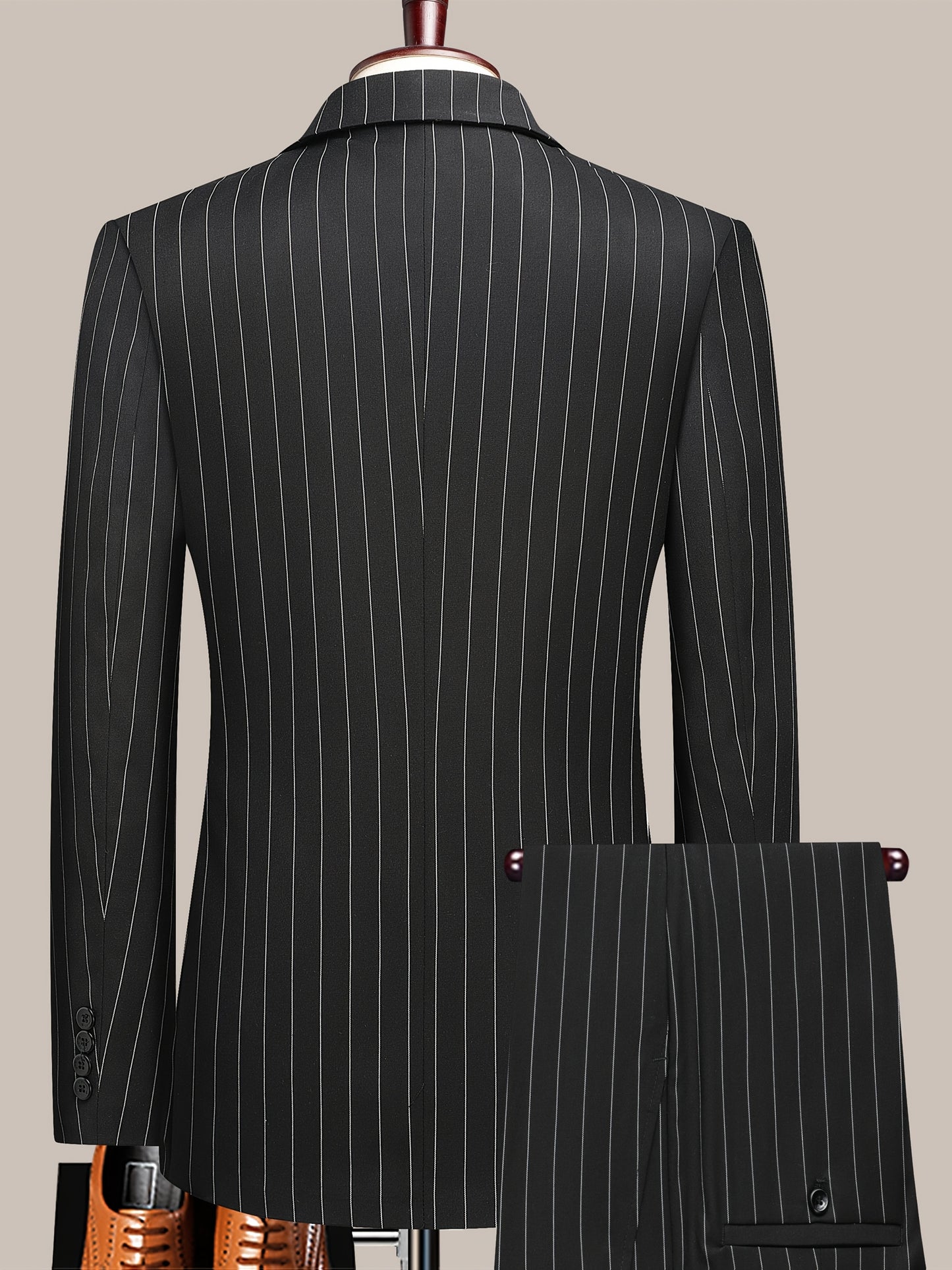 Latest Men's Suit Striped Double-Breasted Suit Spring/ Summer/ Autumn Thin Two-Piece Set with Frill Collar Striped Style Four Buttons Suit Business And Casual Dress Collar Necklace Decoration Slimming Dress Casual Suit White Suit