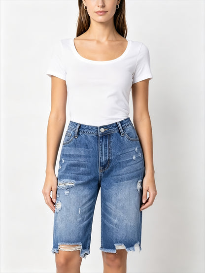 Womens High Waist Irregular Ripped Frayed Denim Bermuda Shorts Light Wash Straight Leg Pants for Summer Beach Vacation And Daily Casual Wear