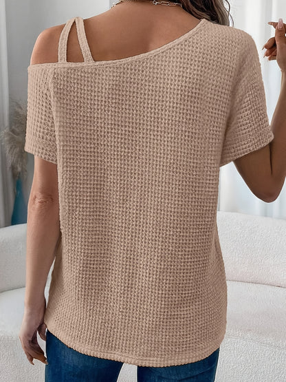Women'S Summer Off Shoulder Waffle Short Sleeve T-Shirt Solid Color Top