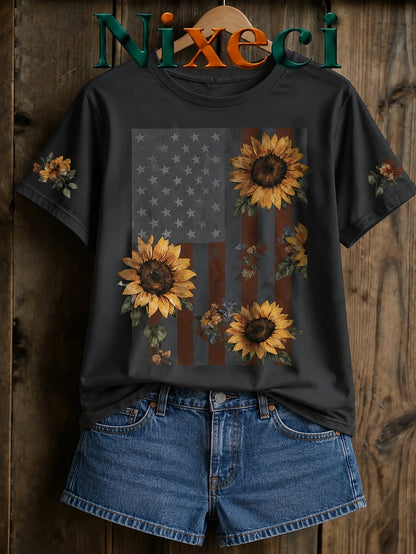 Nixeci Brand Men's Novelty Sleepwear Flag Sunflower Floral Graphic Cotton T-Shirt, Casual Graphic Tee for Summer Outfit, Streetwear Casual Attire, Trending Gift Idea