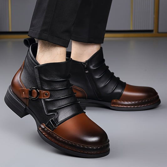 Men's Oversized Thick Heel Color-Block Patchwork Ankle Boots, Folded Texture Metallic Streetwear Casual Shoes