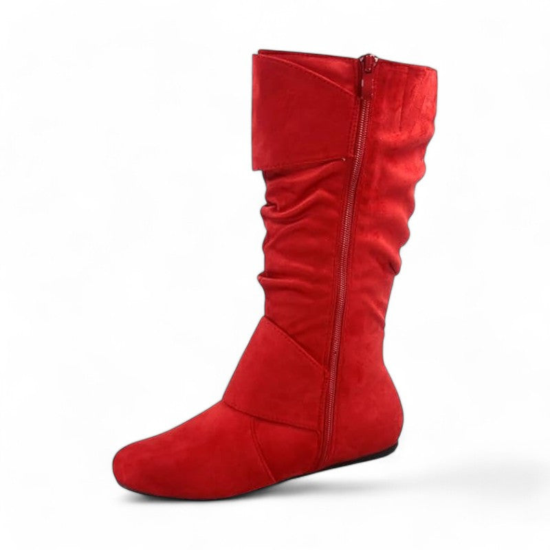 Women's Closed Round Toe Buckle Slouch Flat Heel Mid-Calf Boot