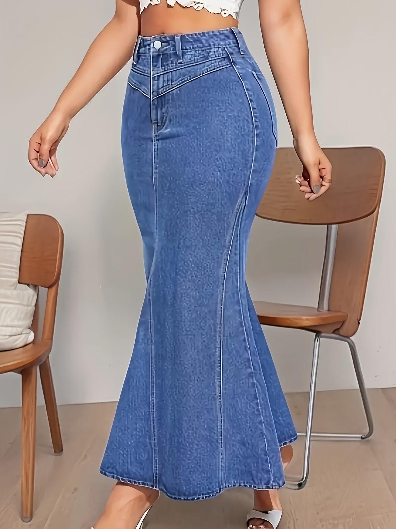 Women'S Light Blue Washed High-Waisted Stretchy Slim-Fit Mermaid/Fishtail Skirt - Elastic Waist Casual to Semi-Formal Skirt for Spring Summer Fall, Versatile Everyday & Special Occasion Outfits, Durable Comfortable Washable Fabric, Seasonal Wardrobe, Slim