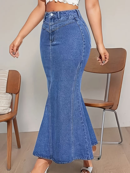 Women'S Light Blue Washed High-Waisted Stretchy Slim-Fit Mermaid/Fishtail Skirt - Elastic Waist Casual to Semi-Formal Skirt for Spring Summer Fall, Versatile Everyday & Special Occasion Outfits, Durable Comfortable Washable Fabric, Seasonal Wardrobe, Slim