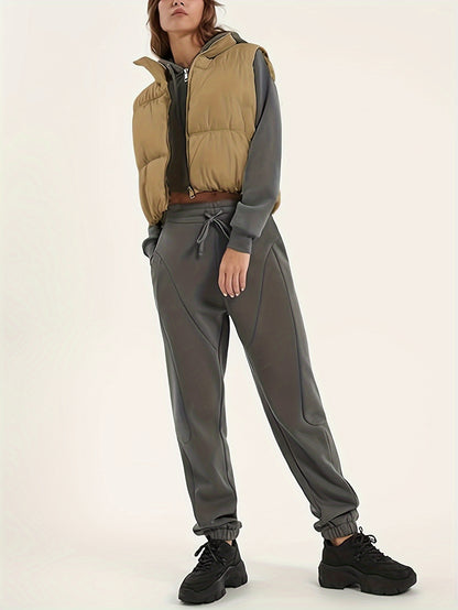 Womens Cropped Vest Zip Up Stand Collar Sleeveless Padded Cropped Vest