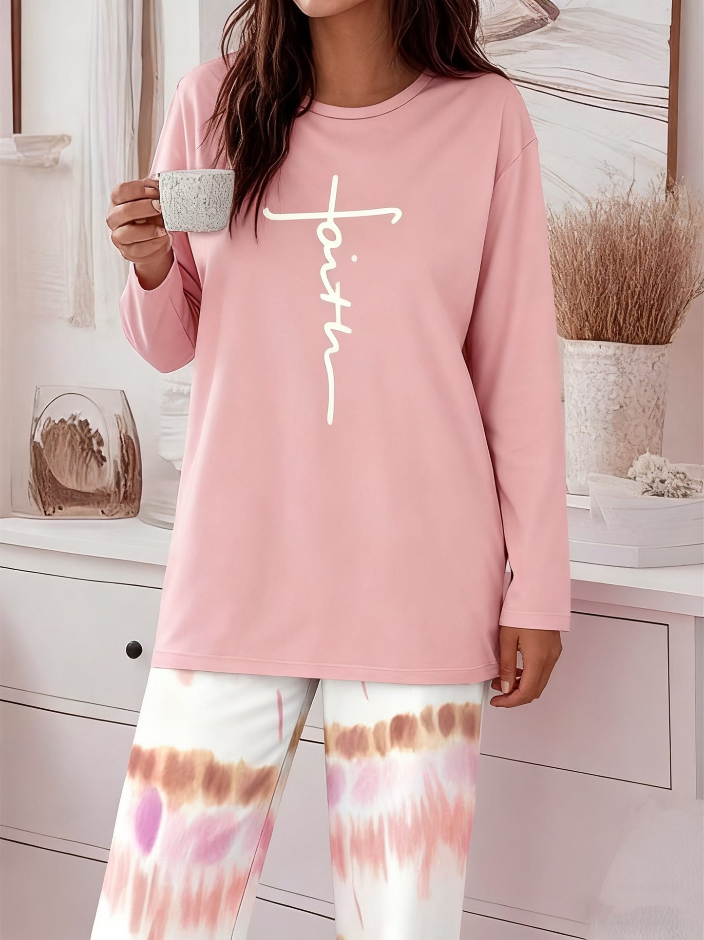Round Neck Printed Long Sleeve Gradient Wide-leg Pants Casual Loose Two-piece Set