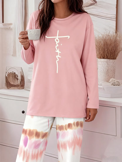 Round Neck Printed Long Sleeve Gradient Wide-leg Pants Casual Loose Two-piece Set