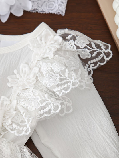 2pcs Baby Girl'S Lace Dress Set, Crew Neck, Long Sleeve, Solid Color, Non-Stretch Fabric, with Contrast Lace Detail, with Matching Floral Headband, for Spring/Fall, Elegant Princess Style Ha Yi Skirt Outfit for Children