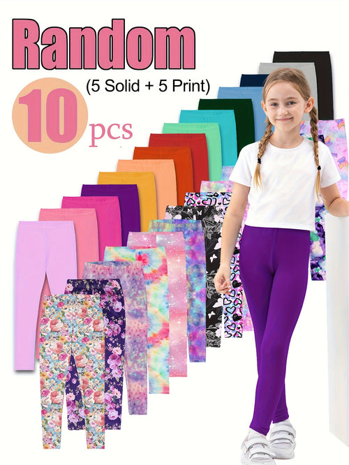 10pcs Random Girls' Cropped Leggings - High Stretch Polyester & Spandex Blend, Solid Color, Skinny Fit, Knit Fabric, All-Season Dance Pants, Non-High Quality, 92% Polyester 8% Spandex