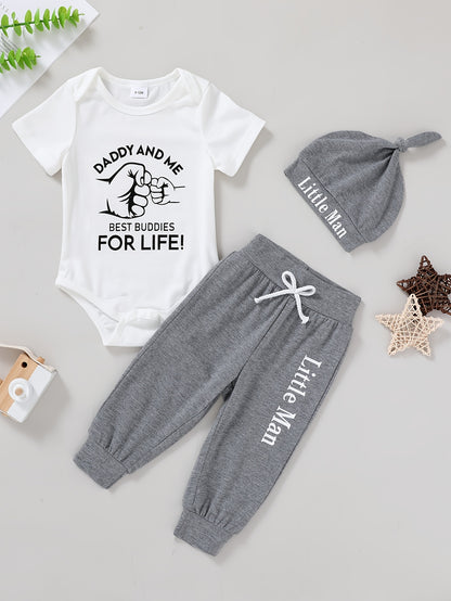 3pcs Cute Baby Boy Soft, Comfortable, Breathable Letter And Gesture Pattern Jumpsuit And Letter Slogan Front Tie Pants with Hat Suitable for Casual Daily Vacation Parties, Perfect for Outdoor