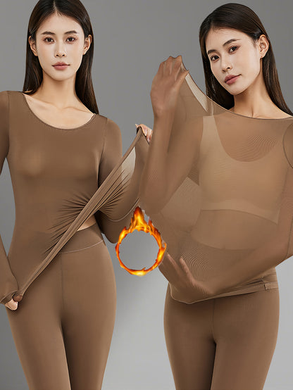 2pcs QUASTI Women's Ultra-Thin High Stretch Thermal Underwear - Seamless Invisible Bottom Layer, Warm & Comfortable for Fall & Winter, Solid Colors (, Brown,) - Perfect for Layering Tops, Winter Underwear, Sleek Design, Smooth Texture