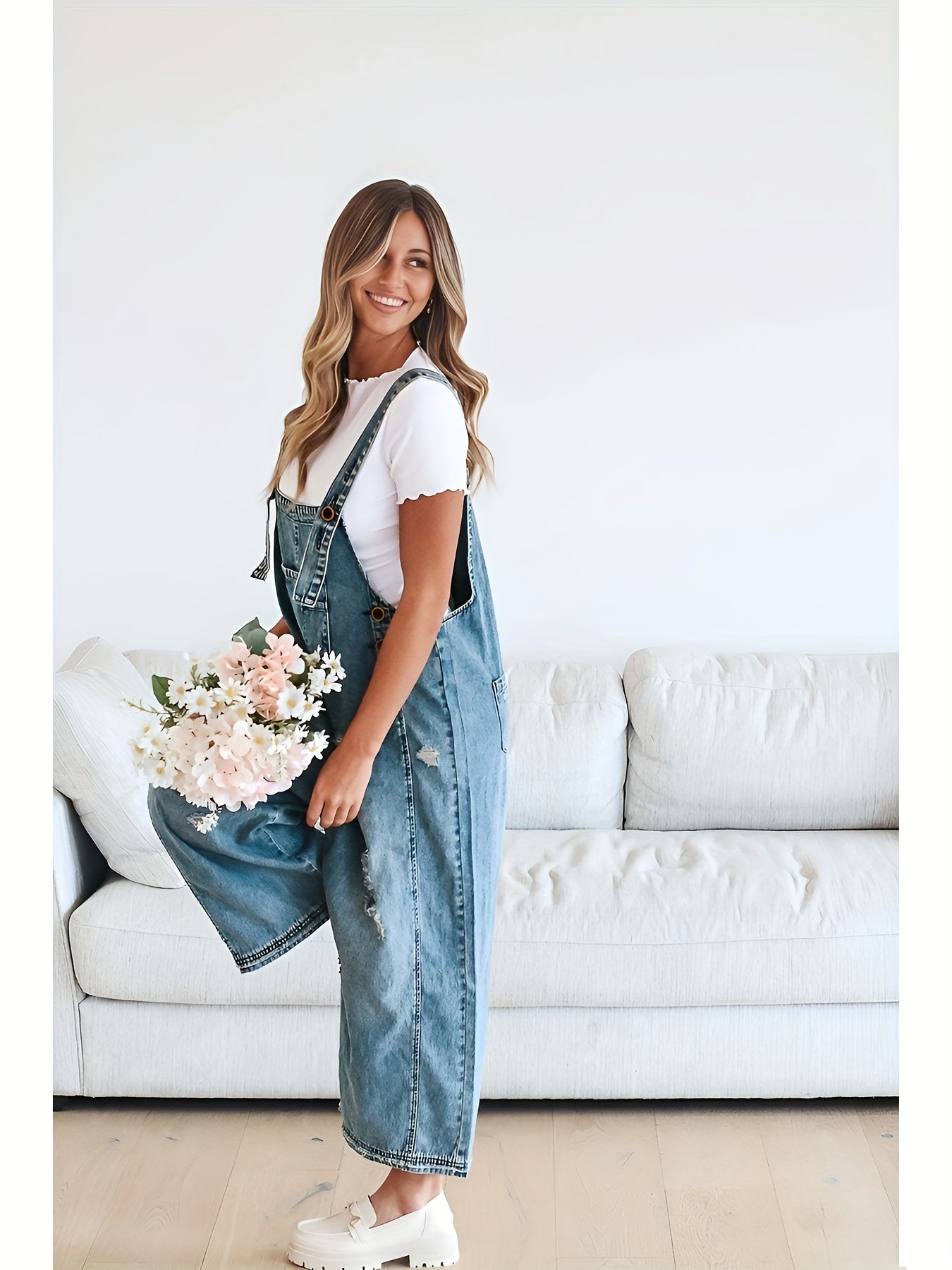 Women's Casual Denim Overalls Loose Adjustable Strap Distressed Bib Jeans Overall Jumpsuits with Pocket