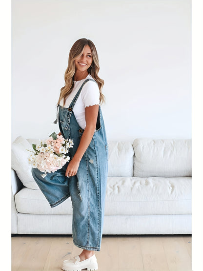 Women's Casual Denim Overalls Loose Adjustable Strap Distressed Bib Jeans Overall Jumpsuits with Pocket