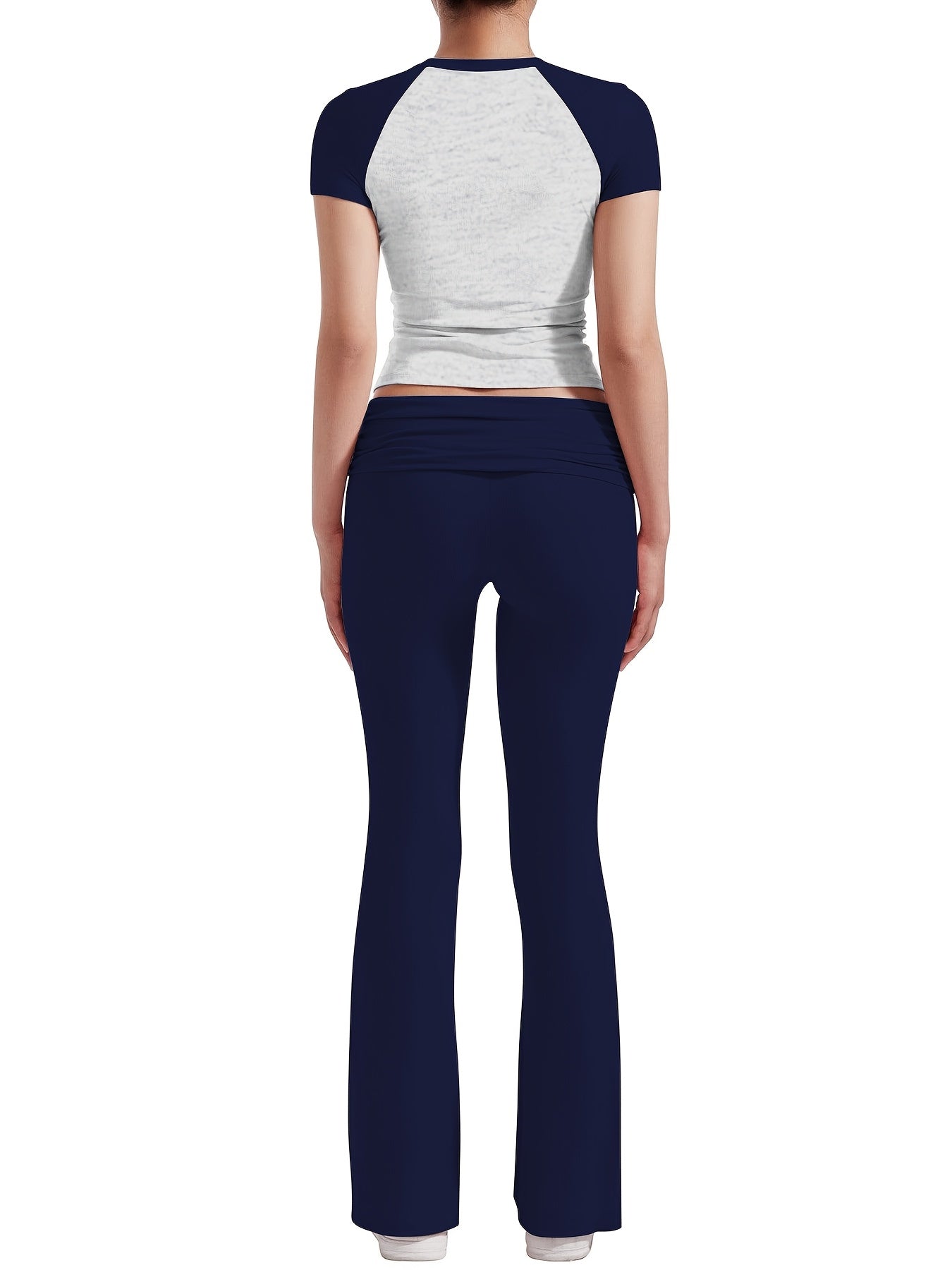 Casual Solid Color Slim Two-piece Pants Set, Short Sleeve Crew Neck T-shirt & Skinny Flared Leg Pants Outfits, Women'S Clothing
