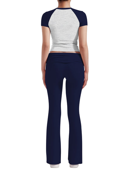 Casual Solid Color Slim Two-piece Pants Set, Short Sleeve Crew Neck T-shirt & Skinny Flared Leg Pants Outfits, Women'S Clothing