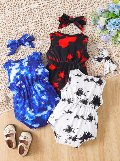 3pcs Cartoon Print Sleeveless Triangle Romper Suit + Headband for Girls, All-season, Polyester Knit Fabric, Regular Fit, Basic Style, for Outdoor, Perfect for Outdoor