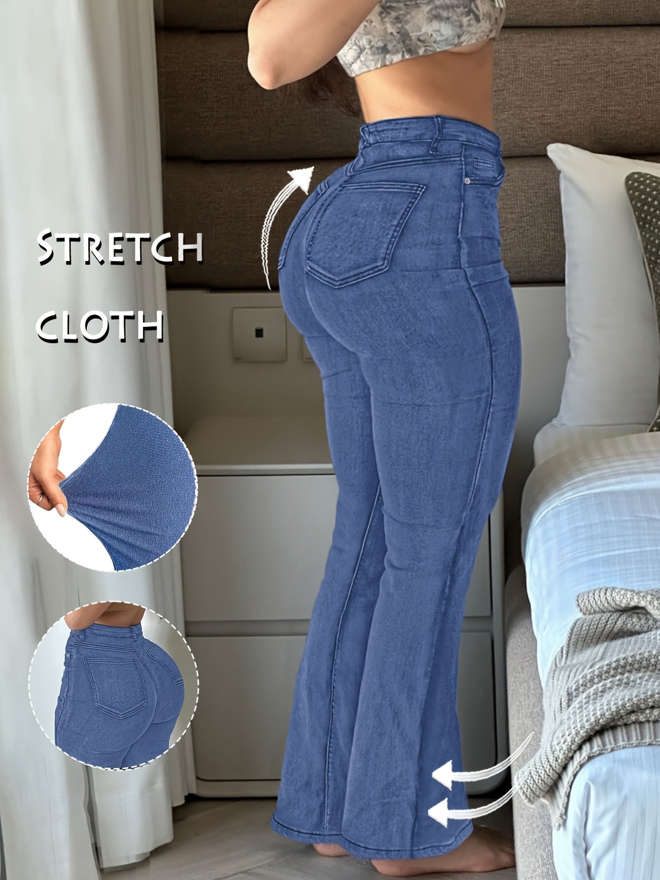 Women'S High Stretch Flare Zipper Jeans - Solid Color Street Style with Pockets, Four Seasons Comfortable Machine Washable Fabric, Functional Fashion Design, Comfortable Fit