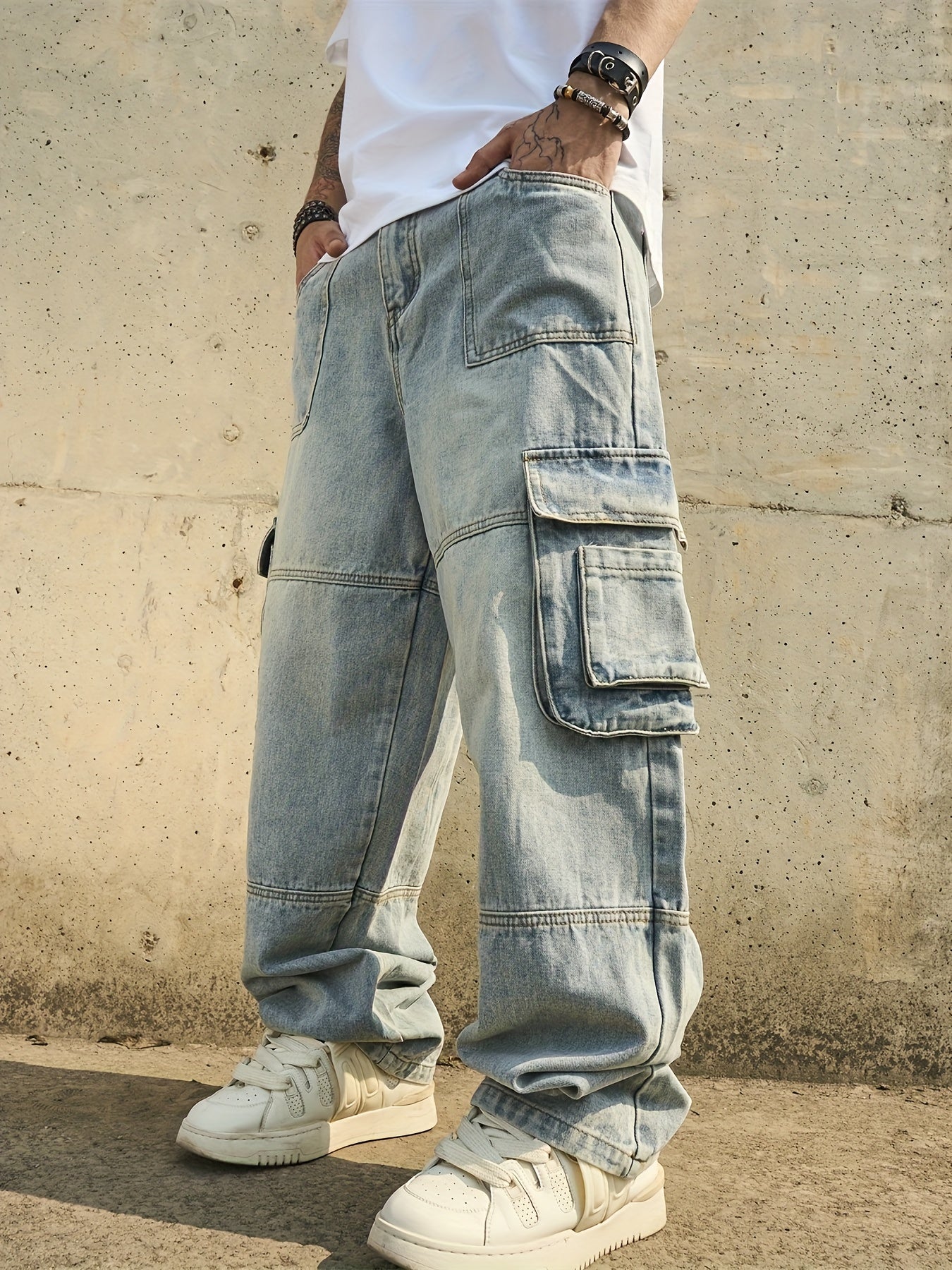 American Retro Washed Distressed Multi Pocket Workwear Youth Jeans Men'S Loose Wide Leg Floor Length Pants Trendy