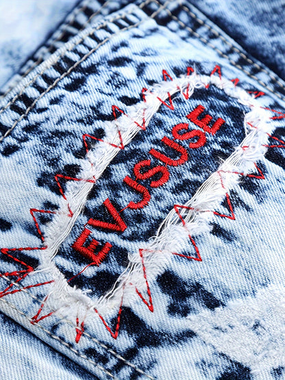 American High Street Light Embroidered Hole Patch Color Matching Trend Casual Straight Jeans - Denim - For Women & Men - Perfect for Casual Wear - Great Gift for Fashion Lovers