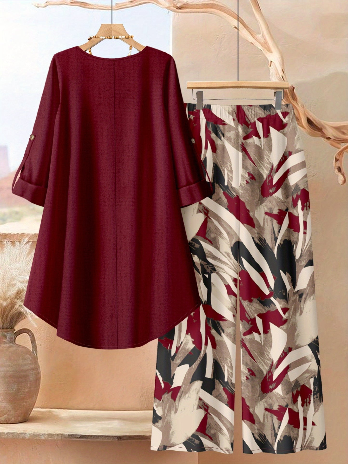 Plus Size, Plus Size - Plus Size - A Stylish 2pcs Outfit for Plus-Size Women Featuring an Asymmetrical Button-Up Top And Wide-Leg Pants with Artistic Prints, Perfect for Daily Elegance