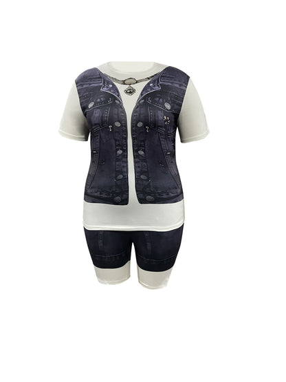 [Denim Print/Imitation Denim] Women's clothing Full body imitation denim print two-piece set Casual loose short sleeves paired with slim shorts Round neck Loosen the top with a wide swing Set with tight shorts