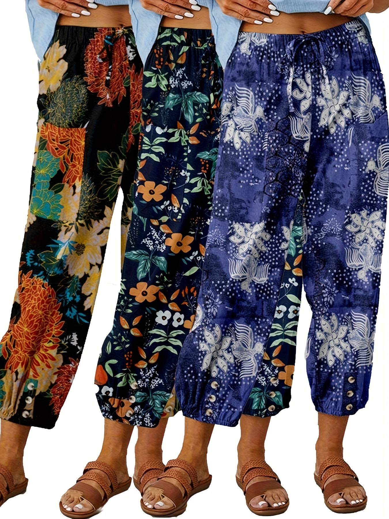 FOEIERAA 3pcs Women's High Waist Jogger Pants, Elastic Waist Retro Print, Loose Comfortable Casual Trousers for Outdoor Commute