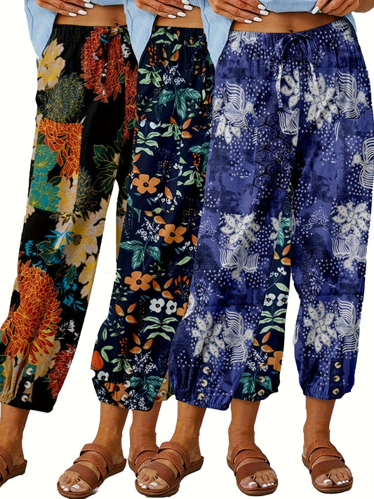 FOEIERAA 3pcs Women's High Waist Jogger Pants, Elastic Waist Retro Print, Loose Comfortable Casual Trousers for Outdoor Commute