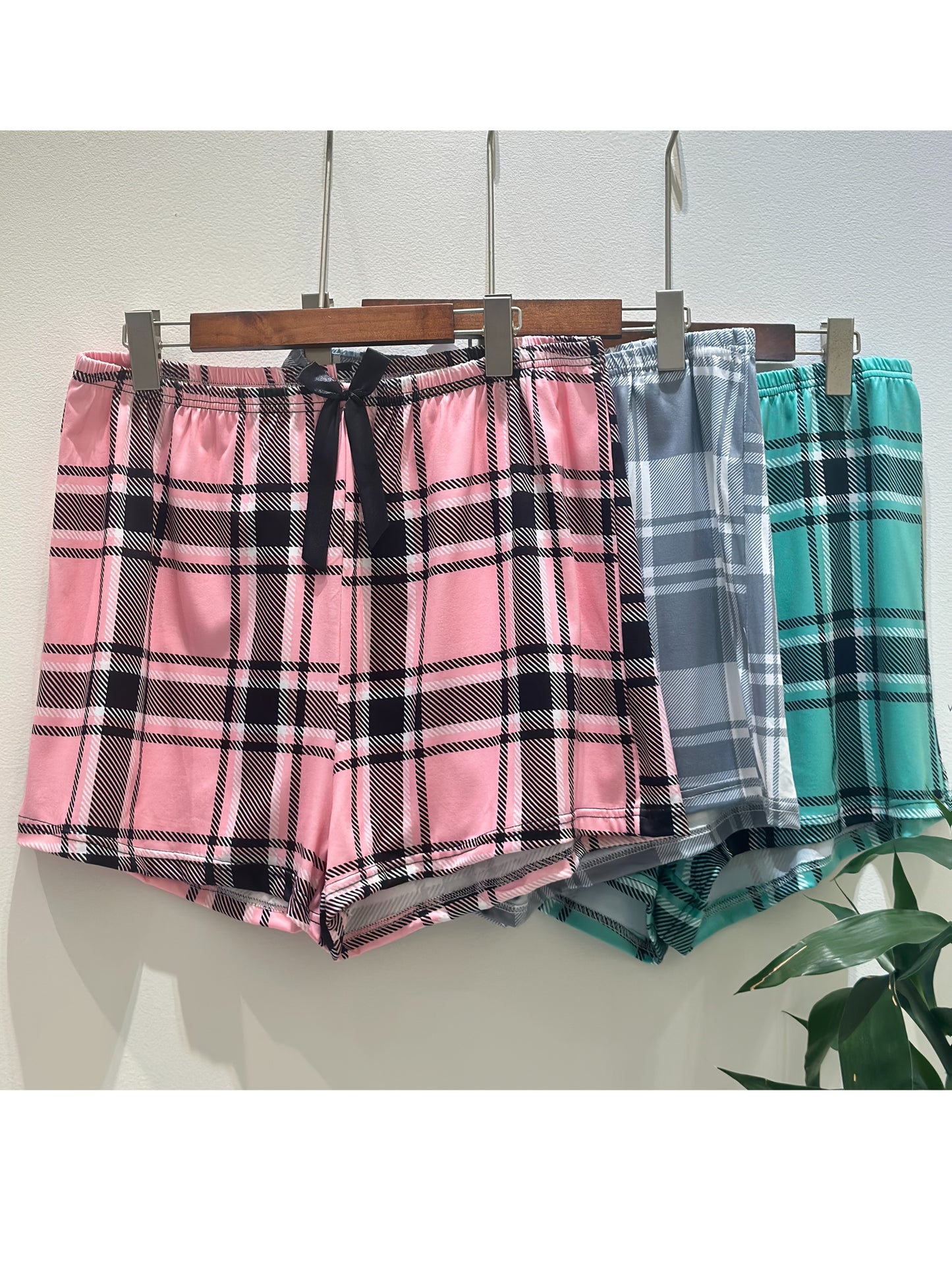 3pcs Shorts Combination Pack Plus Size Plaid Casual Shorts for Women with Bowknot