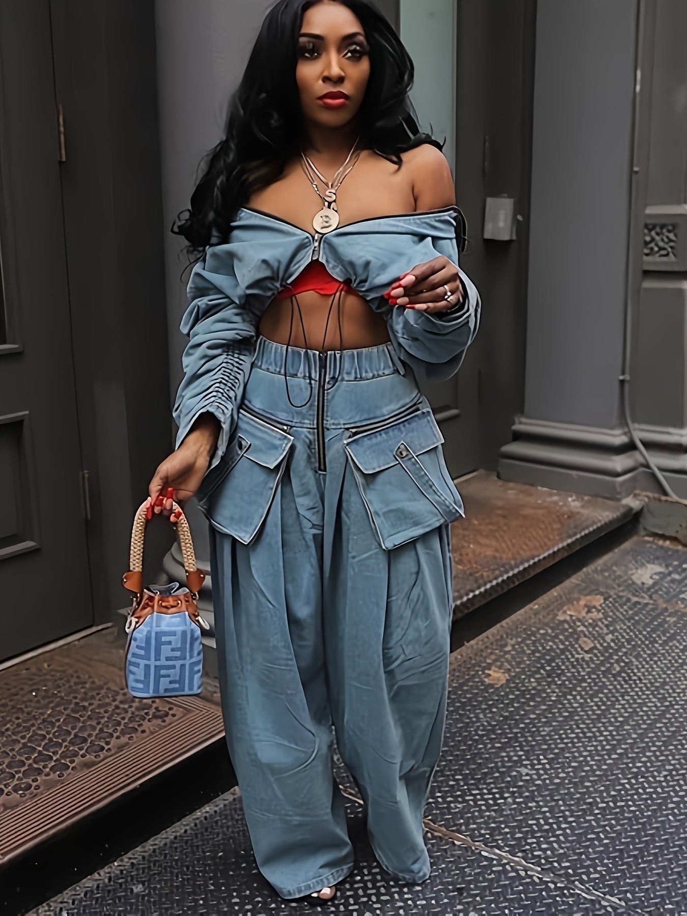Womens Two Piece Sets Denim Outfit Ruched Long Sleeve Zip Up Cropped Jean Jacket Wide Leg Pants Chic Set