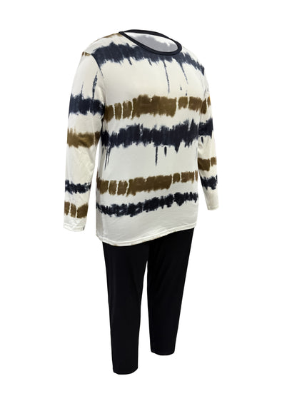 Plus Size - Plus-size Fashion Tie-dye Striped Print Long-sleeved Trousers Suit, Suitable For Going Out