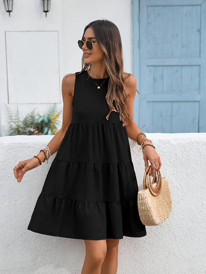 Round Neck Loose Big Swing Patchwork Cake Dress, Casual Solid Color Sleeveless Waist Summer Dresses