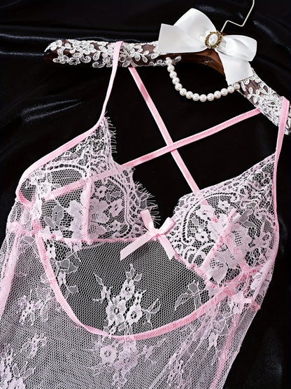 Sexy Sheer Lace & Mesh Lingerie Dress with Deep V Backless, Adjustable Straps & Bow Accents - Women's Elegant Nightwear for Intimate Occasions, Ladies Lingerie, Special Occasion Wear, Butterfly Knot Detail, Medium Elasticity