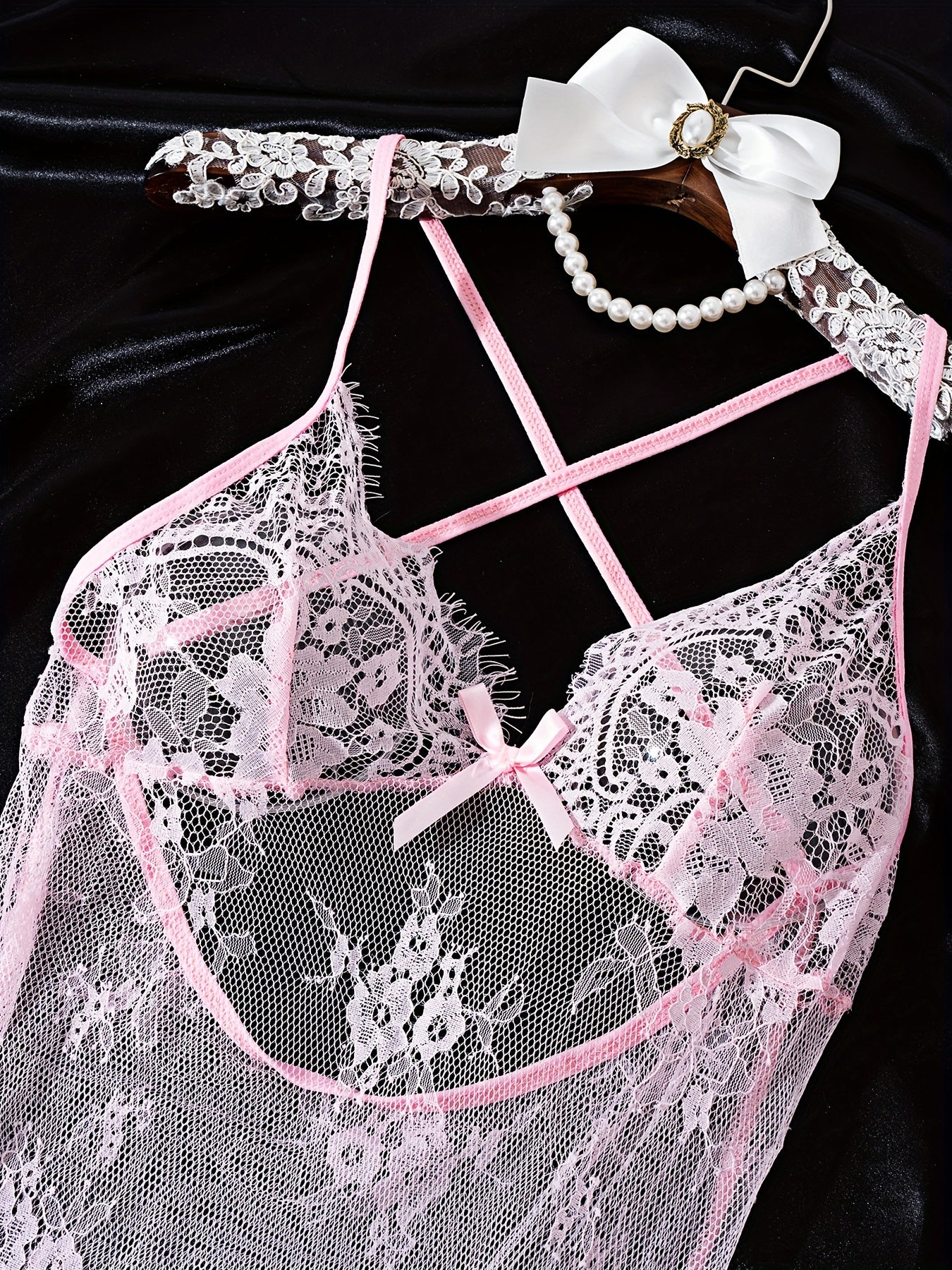 Sexy Sheer Lace & Mesh Lingerie Dress with Deep V Backless, Adjustable Straps & Bow Accents - Women's Elegant Nightwear for Intimate Occasions, Ladies Lingerie, Special Occasion Wear, Butterfly Knot Detail, Medium Elasticity