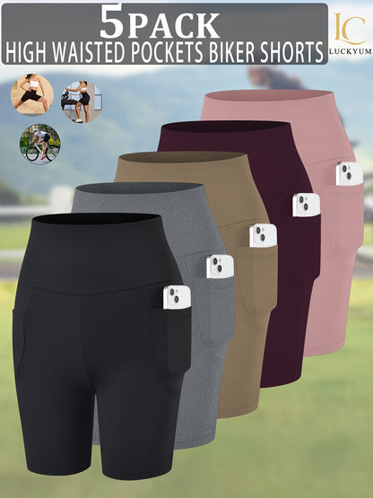 5 Pack 5" High Waisted Biker Shorts for Women with Pockets, Super Soft Tummy Control No See Through Workout Running Yoga Athletic Shorts, 6"Inseam RUNNING
